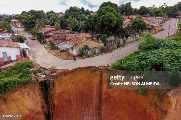 Aerial view of erosions in Buriticupu, Maranhao state, Brazil, taken on April 21, 2023. An unusual phenomenon caused by a lack of urban planning and...