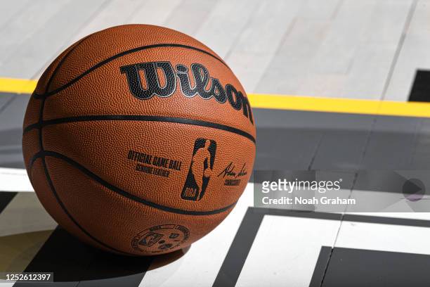 Detail view of a Wilson Game ball during Game One of the Western Conference Semi-Finals 2023 NBA Playoffs on May 2, 2023 at Chase Center in San...