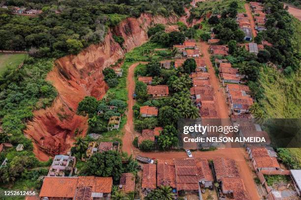 Aerial view of erosions in Buriticupu, Maranhao state, Brazil, taken on April 21, 2023. - An unusual phenomenon caused by a lack of urban planning...