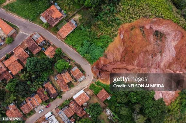 Aerial view of erosions in Buriticupu, Maranhao state, Brazil, taken on April 21, 2023. - An unusual phenomenon caused by a lack of urban planning...