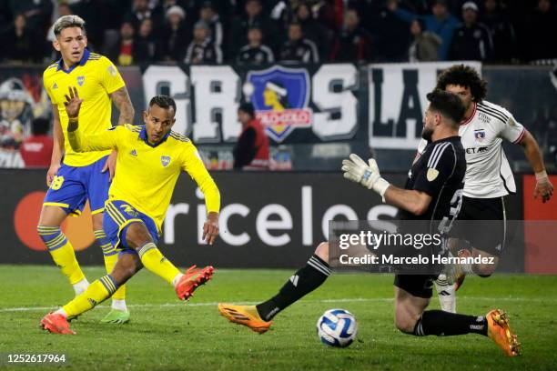 Sebastian Villa of Boca Juniors scores the team's second goal during the Copa CONMEBOL Libertadores 2023 group F match between Colo Colo and Boca...