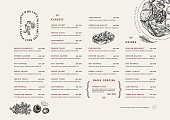 Restaurant breakfast menu template. Cafe identity. Minimalist style. Engraved illustrations. Vector illustration