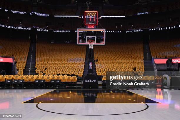 View of the court before Game One of the Western Conference Semi-Finals of the 2023 NBA Playoffs between the Los Angeles Lakers and the Golden State...
