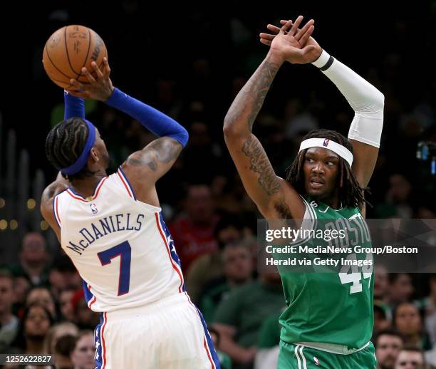 Jalen McDaniels of the Philadelphia 76ers tries to shoot over Robert Williams III of the Boston Celtics during the second half of Game 2 of the NBA...