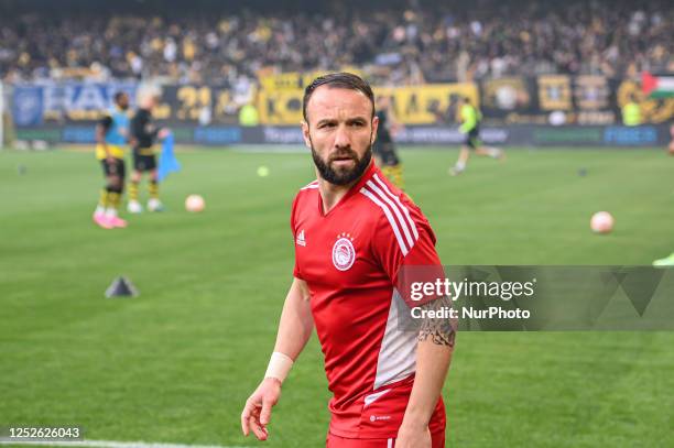 Of Olympiacos FC during the Greek Super League, playoff match between AEK FC and Olympiacos FC at OPAP Arena on May 3 in Athens, Greece.