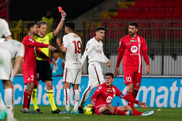 Daniele Chiffi, referee, show red card during AC Monza against AS Roma, Serie A, at U-Power Stadium in Monza on May, 3rd 2023.