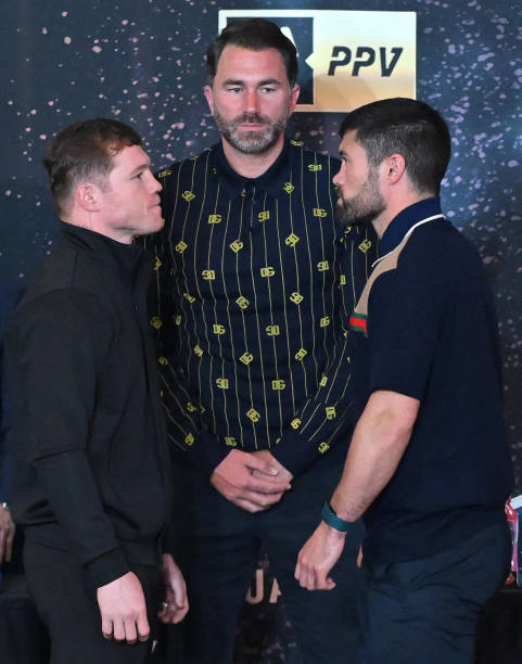 Saul Alvarez of Mexico and John Ryder of United Kingdom attend the press conference ahead of their boxing match to be held on May 06 in Guadalajara,...