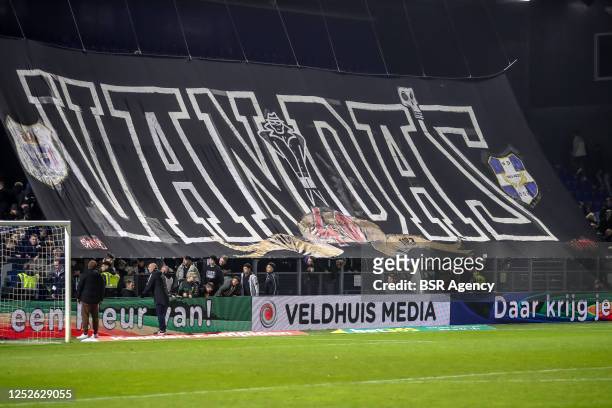 Fans of PEC Zwolle with a banner during the Keuken Kampioen Divisie match between PEC Zwolle and Dordrecht at MAC3PARK stadion on April 28, 2023 in...