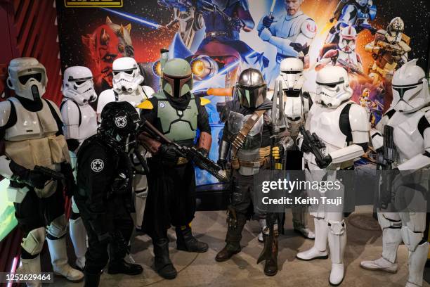 Star Wars characters pose for a photo during Star Wars Day on May 4, 2023 in Hong Kong, China. Star Wars Day is an informal commemorative day...