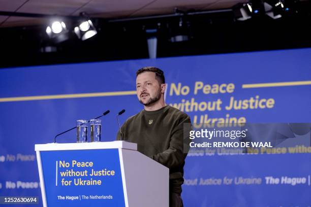 Ukrainian President Volodymyr Zelensky gives a speech at the World Forum in The Hague, on May 4 as part of his first visit in Netherlands. Ukrainian...