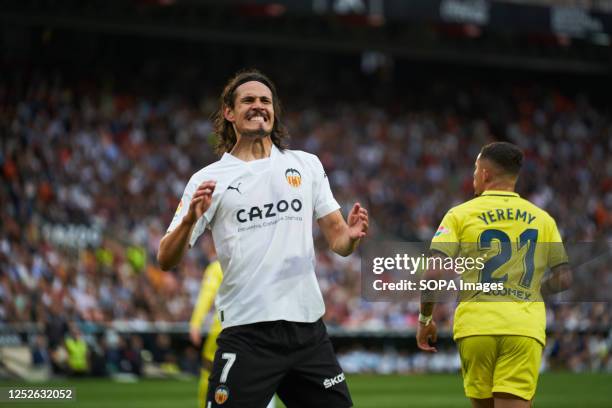 Edinson Cavani of Valencia CF reacts during the LaLiga Santander Regular Season Round 33 between Valencia and Villarreal at Mestalla Stadium. Final...