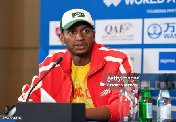 Qatari high jumper Mutaz Essa Barshim attends a press conference ahead of the Doha Diamond League 2023 in Doha,Qatar, 04 May 2023. Doha Diamond...