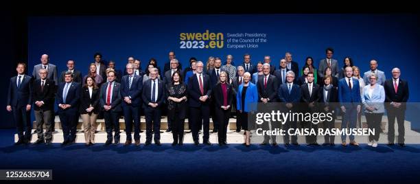 Participants of the Informal meeting of employment and social affairs ministers at Scandinavian XPO pose for the family photo in Marsta outside...