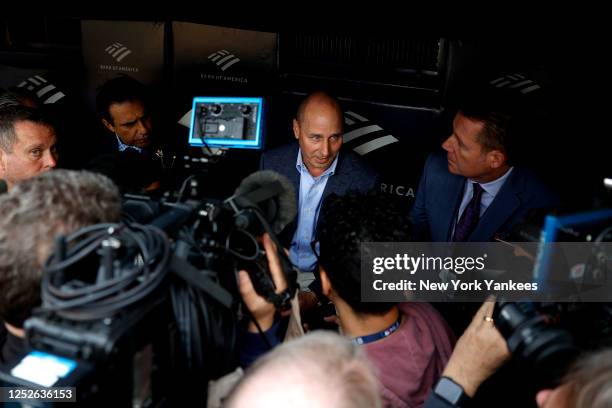 General Manager, Brian Cashman of the New York Yankees speaks to the media before the game against the Cleveland Guardians at Yankee Stadium on May 3...