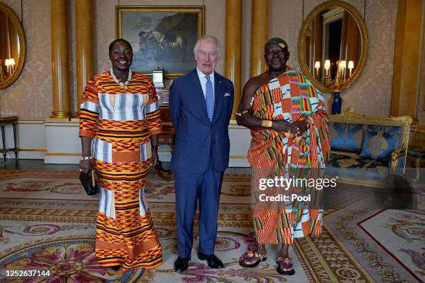 King Charles III receives His Majesty Otumfuo Osei Tutu II, Asantehene, King of the Ashanti Kingdom and Lady Julia Osei Tutu, during an audience at...