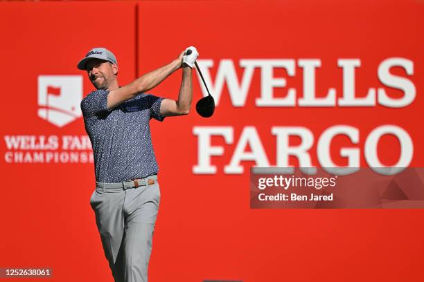 Webb Simpson tee off on the 16th hole during the first round of the Wells Fargo Championship at Quail Hollow Club on May 4, 2023 in Charlotte, North...
