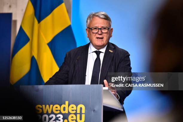 Nicolas Schmit, European Commisioner for Jobs and Social Rights gives a press conference on May 4, 2023 after the Informal meeting of employment and...