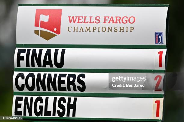 Score signage is seen during the first round of the Wells Fargo Championship at Quail Hollow Club on May 4, 2023 in Charlotte, North Carolina.