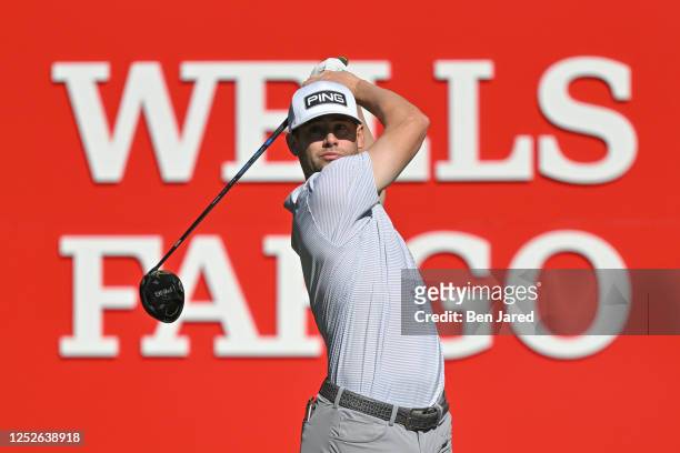 Taylor Moore tees off on the 16th hole during the first round of the Wells Fargo Championship at Quail Hollow Club on May 4, 2023 in Charlotte, North...