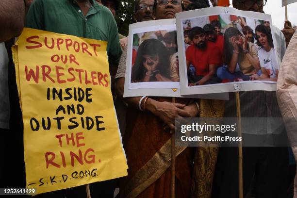 Activists of India's largest national party Indian National Congress protest demanding the arrest of Wrestling Federation of India President and BJP...