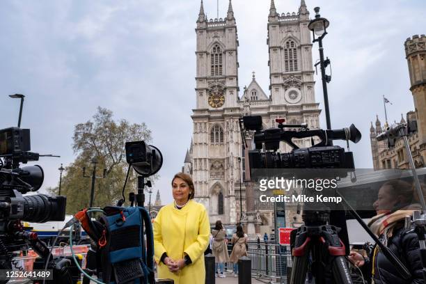 With two days to go until the Coronation of King Charles III the atmosphere builds outside Westminster Abbey as tv media report to camera on 4th May...