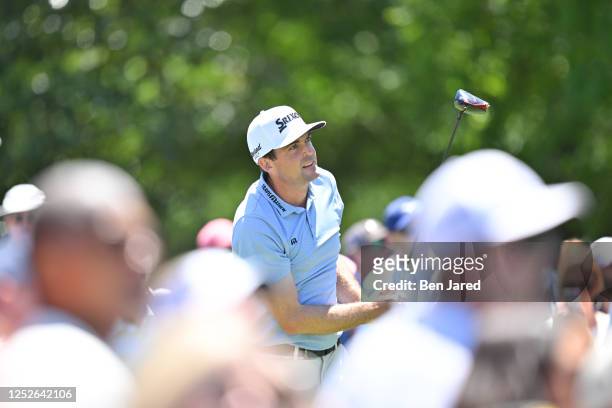 Keegan Bradley watches his drive on the third tee box during the first round of the Wells Fargo Championship at Quail Hollow Club on May 4, 2023 in...