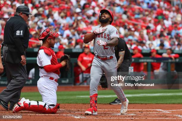 Luis Rengifo of the Los Angeles Angels celebrates after hitting a three-run home run against the St. Louis Cardinals in the second inning at Busch...