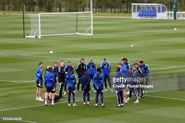 Leicester City manager Dean Smith talks to the squad during the Leicester City training session at Leicester City Training Ground, Seagrave on May...