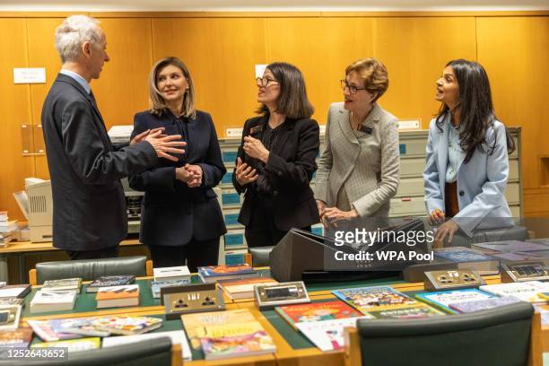 First Lady of Ukraine Olena Zelenska , Wife of British Prime Minister Rishi Sunak , Akshata Murty look at the Ukranian collection as they visit the...