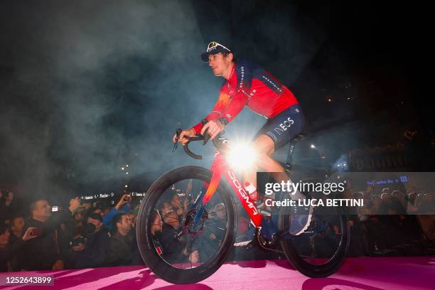 Grenadiers's British rider Geraint Thomas cycles on stage during the opening ceremony and team presentation in Pescara, on May 4 two days before the...