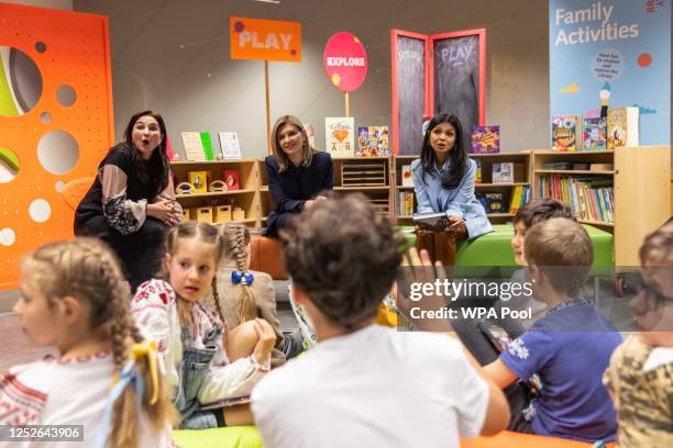 Wife of British Prime Minister Rishi Sunak , Akshata Murty and First Lady of Ukraine Olena Zelenska read with Ukrainian children as they visit the...