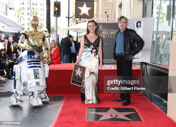 Billie Lourd and Mark Hamill at the star ceremony where Carrie Fisher is honored with a star on the Hollywood Walk of Fame on May 4, 2023 in Los...