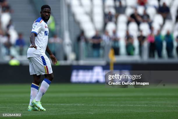 Samuel Umtiti of Us Lecce looks on during the Serie A match between Juventus and US Lecce at Allianz Stadium on May 3, 2023 in Turin, Italy.