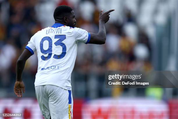 Samuel Umtiti of Us Lecce gestures during the Serie A match between Juventus and US Lecce at Allianz Stadium on May 3, 2023 in Turin, Italy.