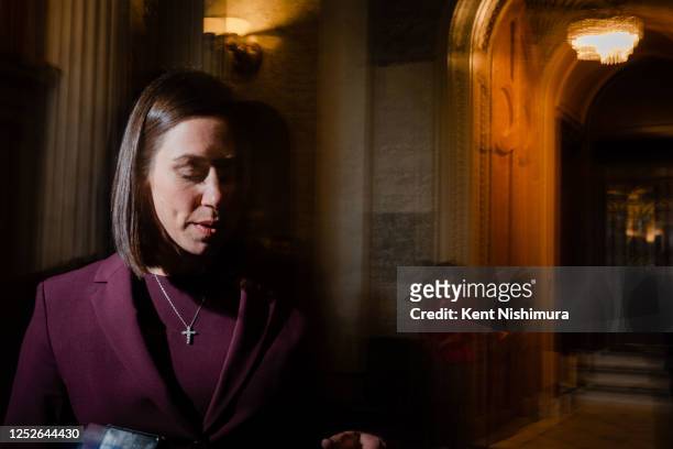 Sen. Katie Britt stops to speak with a reporter outside the senate chamber following a vote at the U.S. Capitol on Thursday, May 4, 2023 in...