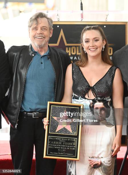 Mark Hamill and Billie Lourd at the star ceremony where Carrie Fisher is honored with a star on the Hollywood Walk of Fame on May 4, 2023 in Los...