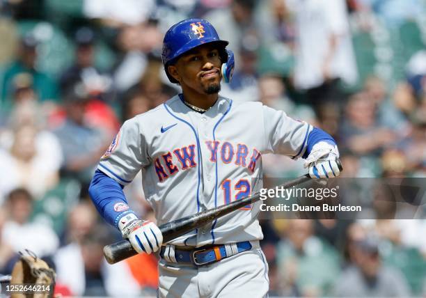 Francisco Lindor of the New York Mets reacts after striking out against the Detroit Tigers during the seventh inning at Comerica Park on May 4, 2023...