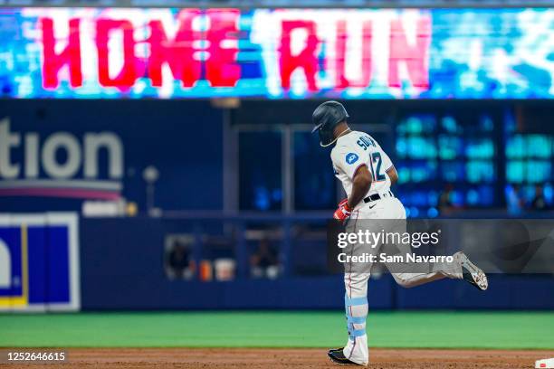 Jorge Soler of the Miami Marlins circles the bases after hitting a two-run home run against the Atlanta Braves during the first inning at loanDepot...