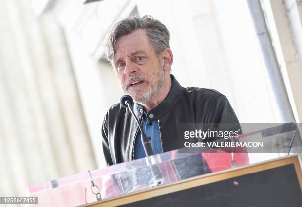 Actor Mark Hamill speaks at the ceremony for actress Carrie Fisher being honored posthumously with a Star on the Hollywood Walk of Fame on May 04,...