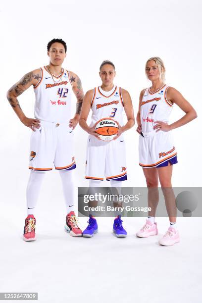 Brittney Griner, Diana Taurasi, & Sophie Cunningham of the Phoenix Mercury poses for a portrait during WNBA Media Day at Footprint Center on May 3,...