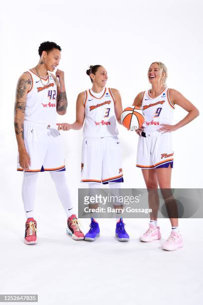 Brittney Griner, Diana Taurasi, & Sophie Cunningham of the Phoenix Mercury poses for a portrait during WNBA Media Day at Footprint Center on May 3,...