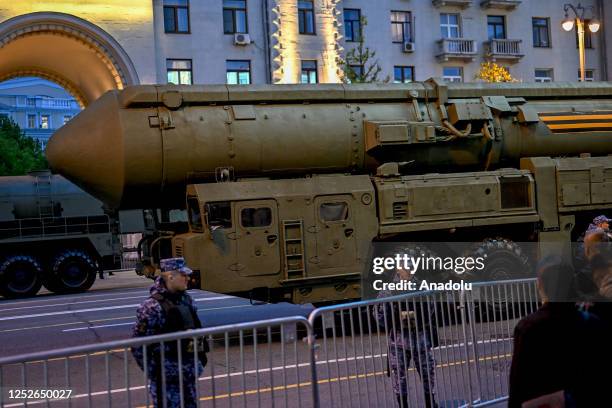 Russian military vehicles are on their way to Red Square by passing through Tverskaya street during the rehearsal of Victory Day military parade...