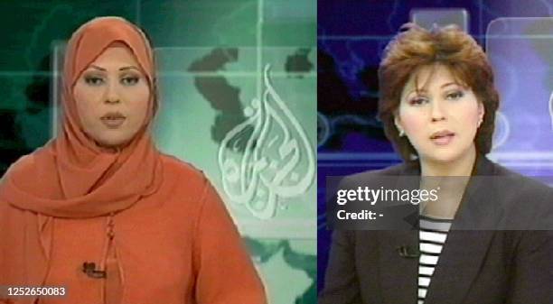 This combo shows two TV grabs of Algerian presenter Khadija Ben Guenna reading the news on Al-Jazeera channel, one taken 26 September 2001 and the...