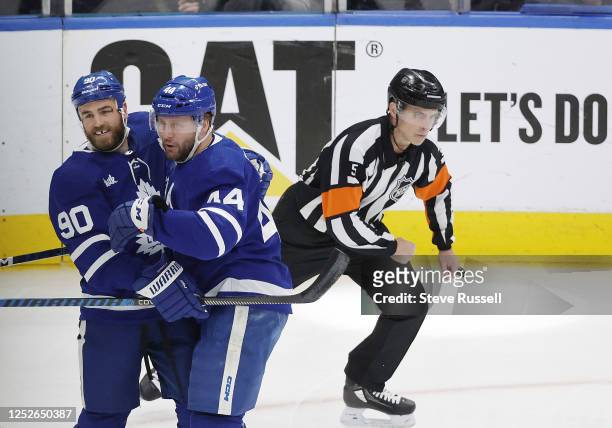 Toronto Maple Leafs center Ryan O'Reilly celebrates with Toronto Maple Leafs defenseman Morgan Rielly after scoring in the first period as the...