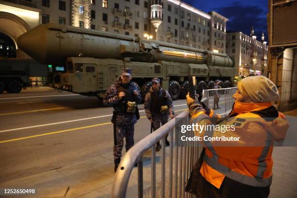Russian RS-24 Yars intercontinental ballistic missile is shown on Tverskaya street during rehearsal for the Victory Day military parade May 4, 2023...