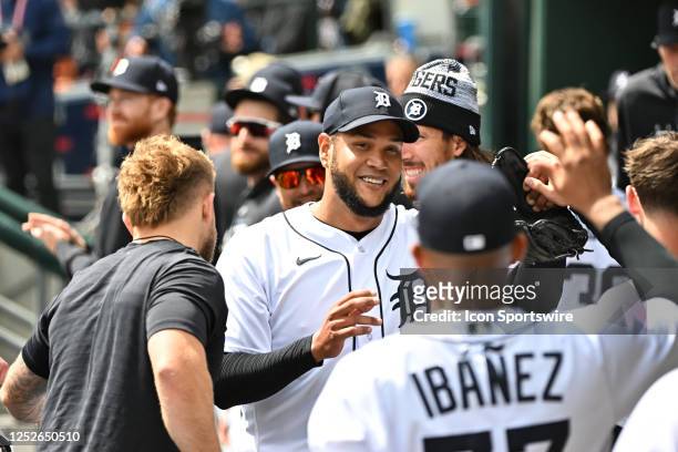 Detroit Tigers starting pitcher Eduardo Rodriguez gets congratulations from the dugout after coming out of the game with a two hit shutout effort...