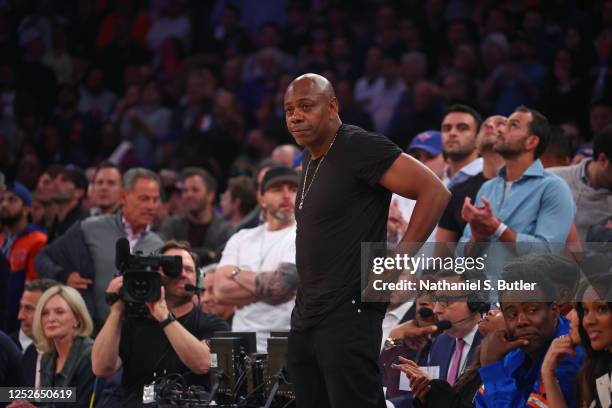 Dave Chappelle looks on during the game between the Miami Heat and the Los Angeles Lakers during the Eastern Conference Semi Finals of the 2023 NBA...