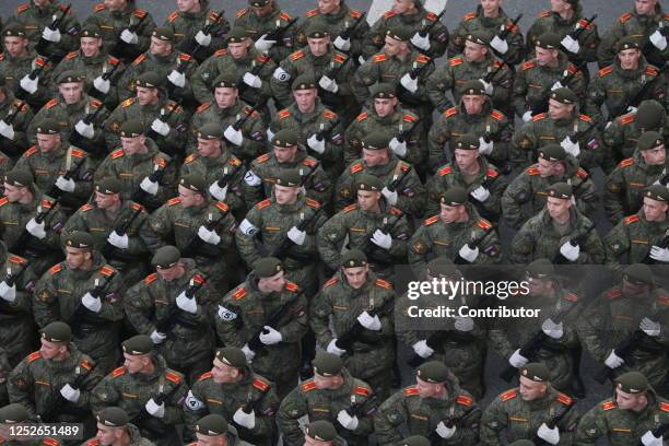 Russian National Guard Service cadets march during rehearsal for the Victory Day military parade on May 4, 2023 in Moscow, Russia. A spokesman has...