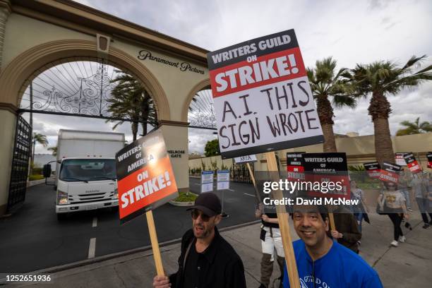 People picket outside of Paramount Pictures studios during the Hollywood writers strike on May 4, 2023 in Los Angeles, California. Scripted TV...