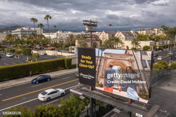 In an aerial view, a billboard advertising Paramount Pictures studio tours is shown across the street from the company after it posted a large...